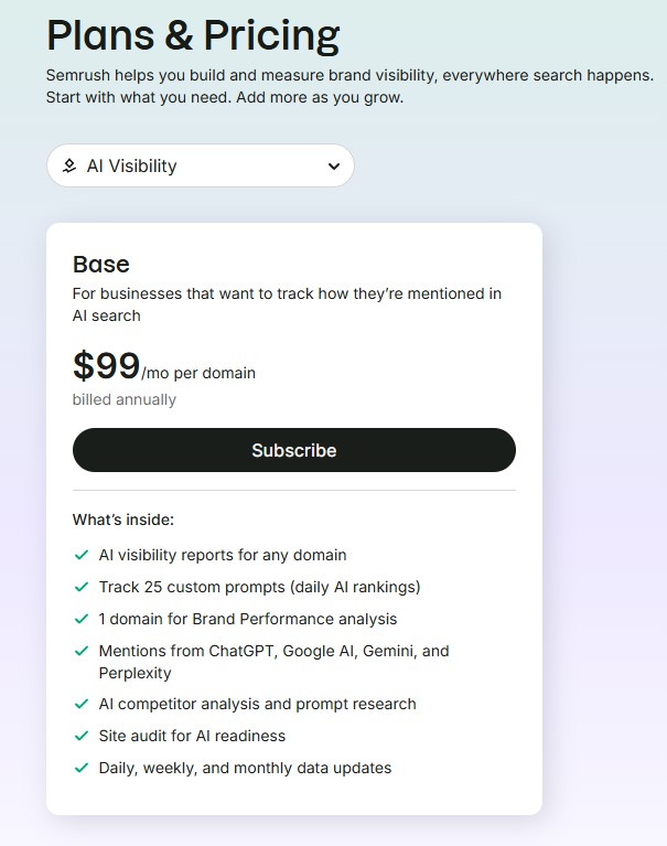 Semrush AI Visibility Toolkit Plan and Pricing